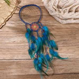 Bandeau attrape-rêves en plumes bleues bohème accessoire de cheveux ethnique pour femmes