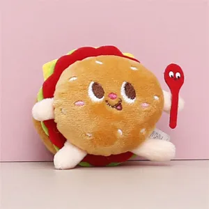 Cute burger plush toy pendant, soft stuffed doll keychain with cute expression and red spoon prop.