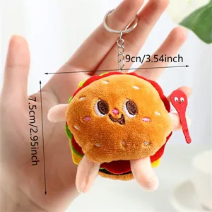 Detail shot of cute plush burger keychain pendant showing soft texture and fine embroidery.
