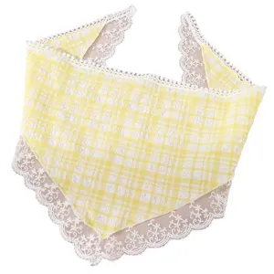 Sweet yellow plaid hair band with delicate white lace trim, fresh floral style head scarf for daily wear.