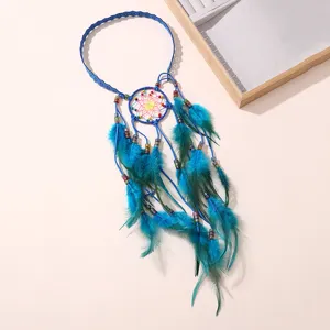 Bandeau plume bleue style bohème attrape-rêves accessoire cheveux avec perles pour vacances.