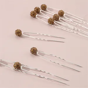 Elegant rhinestone U-shaped hairpins with sparkling brown crystal balls for stylish women buns.