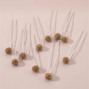 Rhinestone spherical U-shaped hairpins detail, sparkling crystal ball hair fork.
