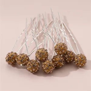 Rhinestone ball U-shaped hairpin, elegant brown crystal hair fork for women styling detail.
