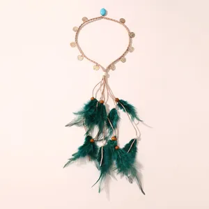Bandeau de plumes de paon boheme accessoire de cheveux ethnique avec pieces et glands femmes