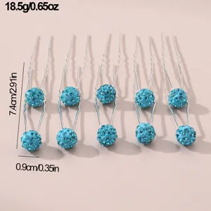 Blue rhinestone U-shaped hair pins for women, elegant bun hair forks, sparkling hair styling tools.