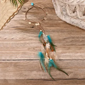 Bandeau plume bohème, accessoire cheveux ethnique avec turquoise et perles pour vacances.