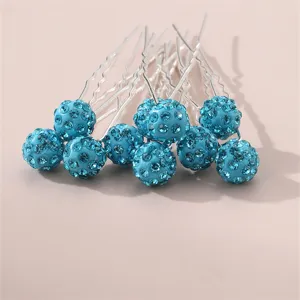 Blue rhinestone spherical u-shaped hair pin, exquisite crystal detail for elegant updos.