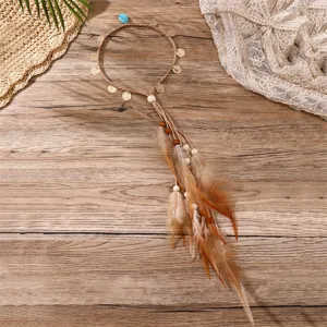 Bandeau plume bohème accessoire cheveux ethnique vue détail, bijou de tête festival pour femmes.