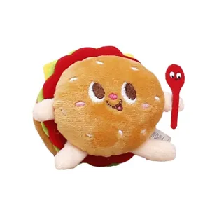 Cute burger plush toy pendant, soft stuffed doll keychain with cute embroidery details.