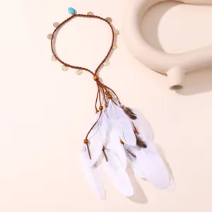 Bandeau à plumes bohème avec cordon tressé et perles pour accessoires de cheveux de festival