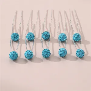 Blue rhinestone U-shaped hairpins set, elegant crystal ball hair forks for women's hair styling.