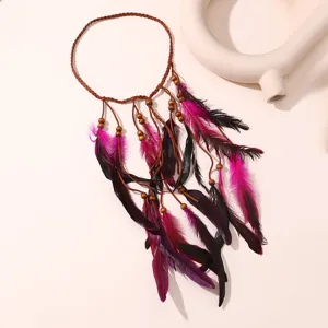 Bandeau de cheveux plume bohème style ethnique serre-tête tressé avec perles en bois.