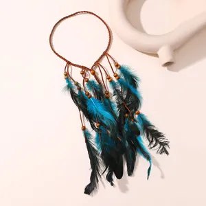 Détail de bandeau à plumes bohème, avec des plumes bleues et noires et des perles en bois.