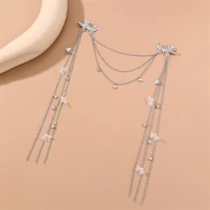 Silver vintage hair clip tassel chain set with butterfly and pink flower for Hanfu style.
