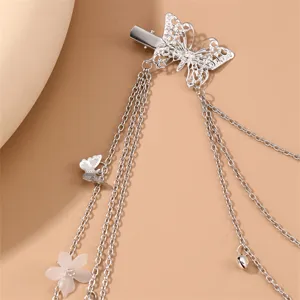 Silver butterfly tassel hair clip detail, retro metal hanging chains hair accessory for women.