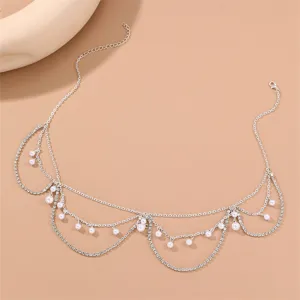 Silver layered forehead chain crystal rhinestone pearl bohemian headpiece for women hair jewelry
