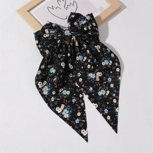French vintage floral hair bow clip, sweet fabric long ribbon spring clip for women hair styling.