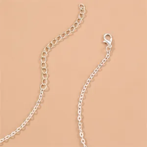 Silver metal jewelry chain detail showing extension link and lobster clasp component.