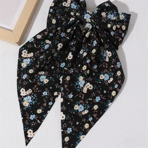 French style floral fabric long ribbon hair bow sweet elegant spring clip for women