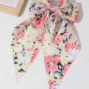 French style floral fabric hair bow clip with long ribbons sweet hair accessory