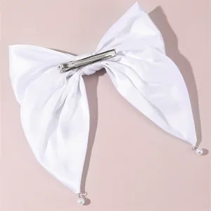 White fabric bow hair clip with pearl pendant elegant bridal hair accessory for women