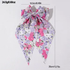 French sweet floral fabric bow hair clip long ribbon spring clip hair accessory daily