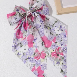 Chiffon floral print bow hair clip detail, sweet long ribbon pink purple floral barrette.