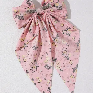 Pink floral fabric hair bow clip with long ribbons, sweet spring barrette hair accessory.