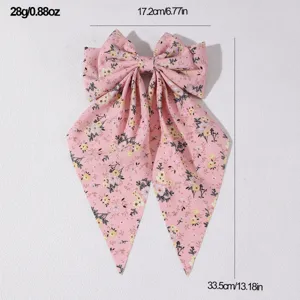 Pink floral fabric hair bow with long streamers, sweet vintage hair clip, size 17.2x33.5cm