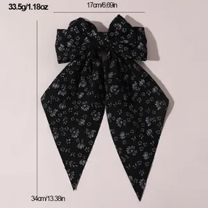 Black floral fabric bow hair clip with long tails, sweet vintage style spring clip accessory