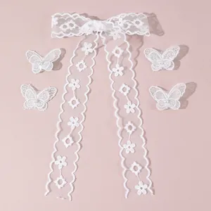 White lace hair bow clip and butterfly clips set for bridal wedding and daily elegant styling.