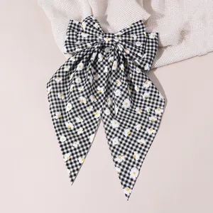 French style black and white checkered daisy bow hair clip with long streamers for women.