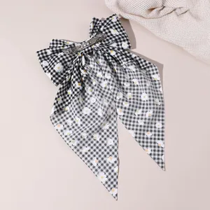 Black and white gingham bow hair clip detail, sweet floral daisy spring clip for daily wear.