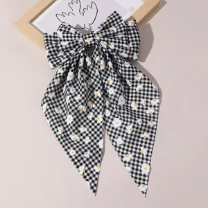 Black white gingham daisy hair bow long streamer cute fabric spring clip sweet hair accessory