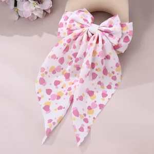 Sweet fabric hair bow with long ribbons, French style heart print hair clip for women.