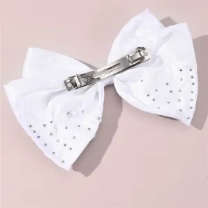 White satin bow hair clip with sparkling rhinestones, elegant bridal barrette for wedding.