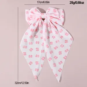 French style fabric hair bow clip with long ribbons sweet pink bow pink white design