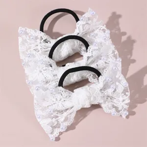 White lace pearl bow hair tie set, elegant bridal hair accessories for daily wear.