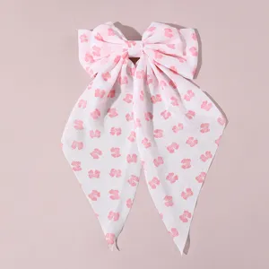 French sweet fabric bow hair clip with long streamers, pink floral hair accessory for women.