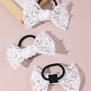 White lace pearl bow hair ties set, elegant bridal hair accessories for women and girls.