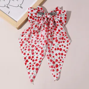 French style floral print fabric bow hair clip with long ribbons, elegant sweet spring clip accessory.