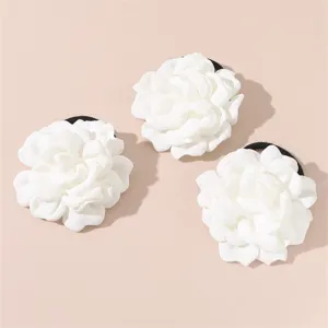 White fabric camellia flower hair ties elegant floral scrunchies bridal hair accessories.