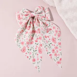 Sweet floral fabric bow hair clip with long ribbons, elegant French style spring clip for women.