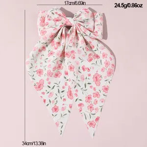 French style floral fabric hair bow with long tails, sweet spring clip for women and girls.
