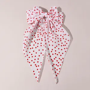 French style sweet red polka dot hair bow clip with long streamer for elegant women daily wear.