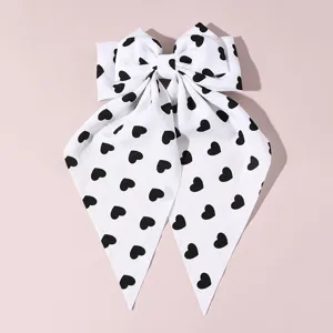 French style black and white heart print bow hair clip with long ribbon sweet hairpin.