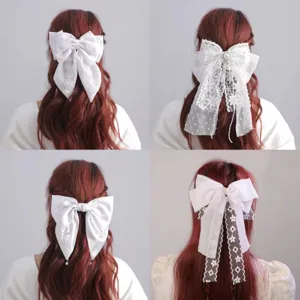 White Fabric Bowknot Hair Clip Bridal Lace Long Ribbon Hair Accessories For Women Wedding Party Hair Styling