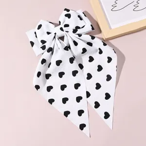 French sweet fabric hair bow clip with long streamer, black heart pattern cute hair accessory for women.