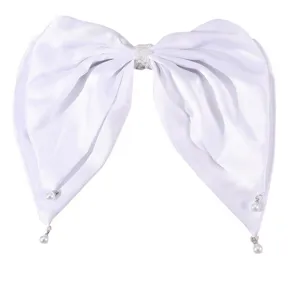White fabric bow hair accessory with pearls, elegant bridal hair clip for wedding season.